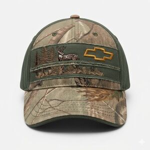 Men's General Motors Chevy Adjustable Hat. Distressed, Deer. Camo, Forest Green